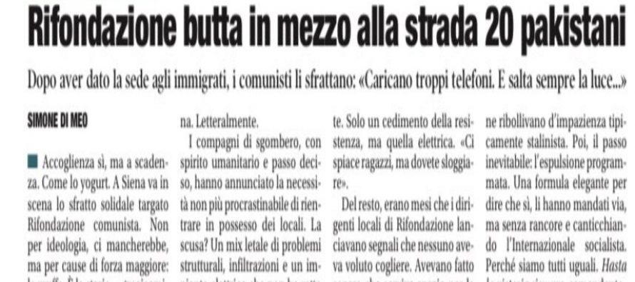 Rifondazione sfratta 20 pakistani perché consumano troppa corrente