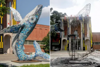 Milano, migrante brucia scultura: la Balena di Allegrucci
