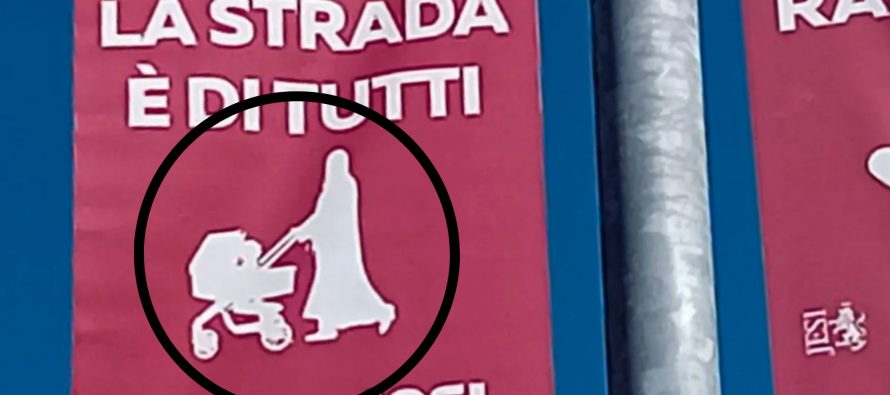 Una donna in burqa nella campagna sulla sicurezza strada, sinistra: “La città è di tutti”