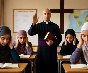 Il prete benedice la scuola, gli alunni islamici si tappano le orecchie